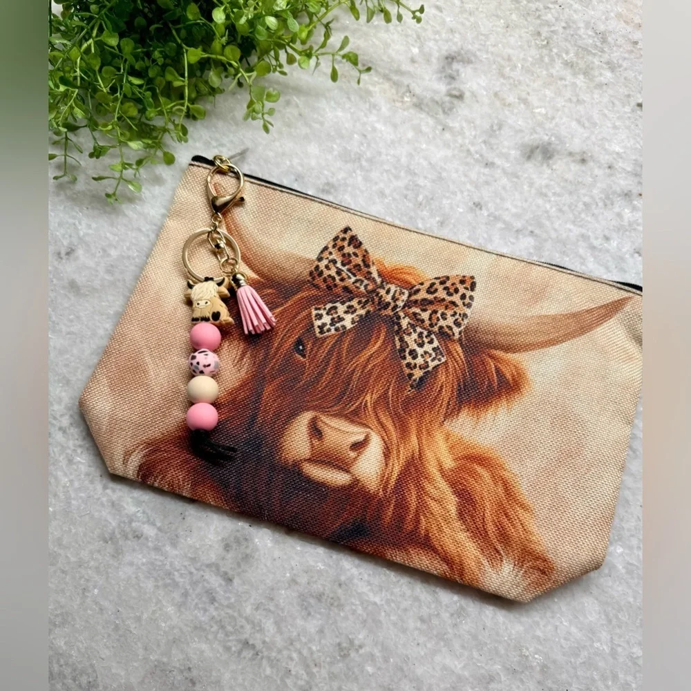 New Highland Cow w/ Leopard Bow Makeup Tech Pencil Bag w/ Pink Keychain - 10.5”